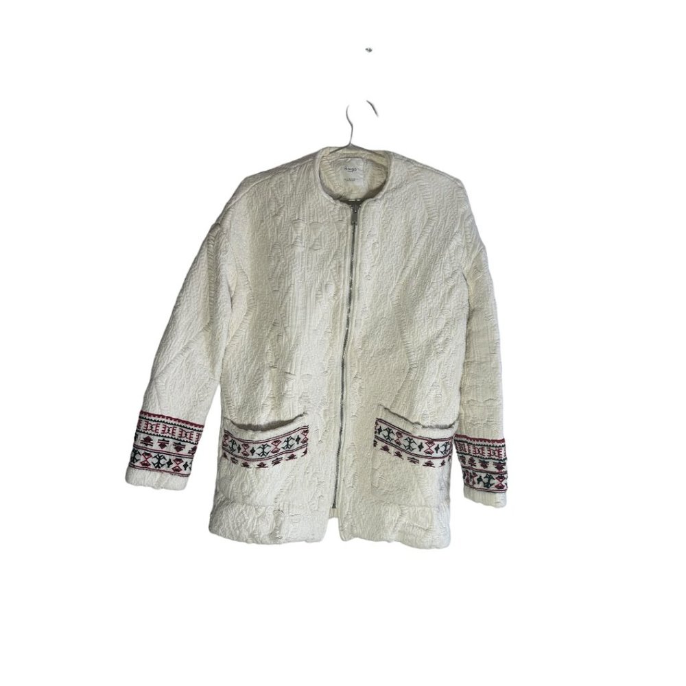 Mango Embroidered Cotton Zip Up Boho Jacket Cream Red Size Medium M